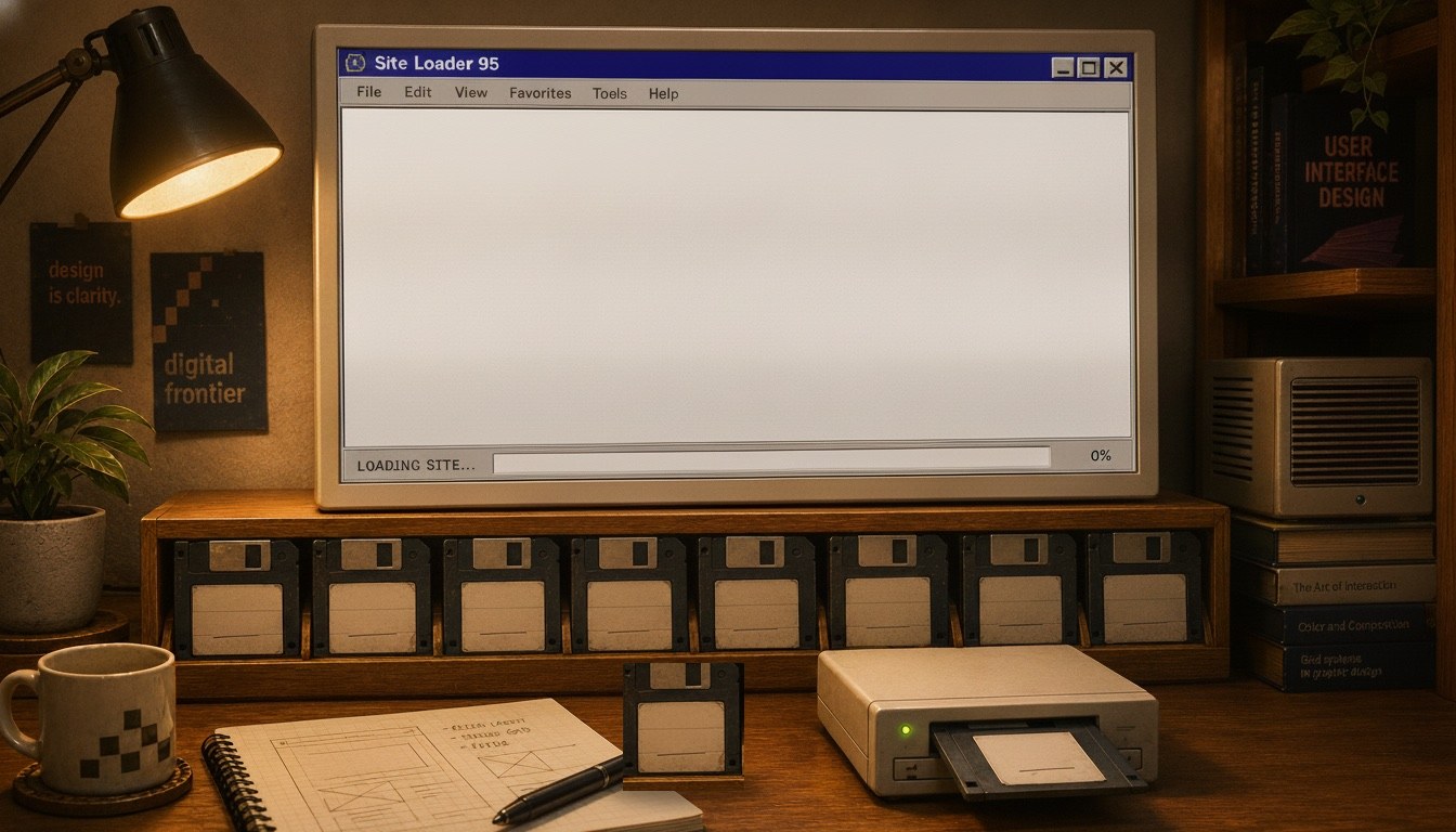 Retro desk: monitor running Site Loader 95, shelf of floppy disks
